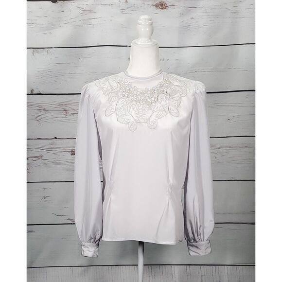 Vintage 1980s Romantic Satin Butterfly Floral Embroidery Lace Neck Blouse MD/LG - Picture 1 of 8